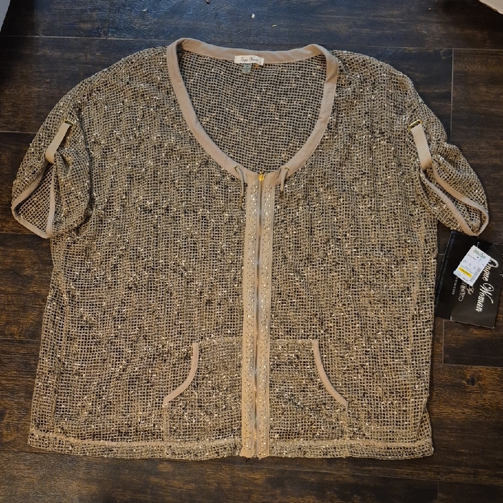 ONQUE Woman Full Zip Mesh Embellished Cardigan 3X Silver+Gold Studded Top XXXL